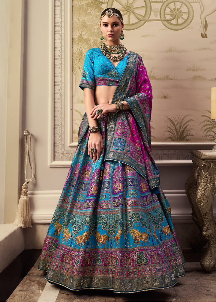 Blue & Pink Intricate Embroidered Lehenga Choli in Banarasi Silk – Bridal Wear