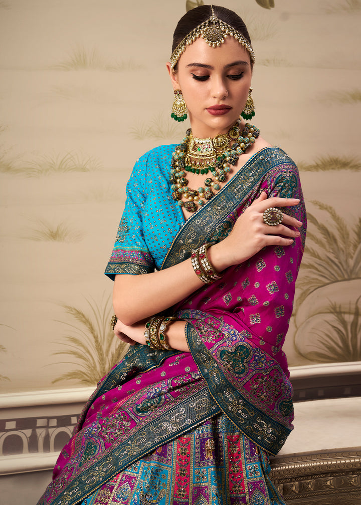 Blue & Pink Intricate Embroidered Lehenga Choli in Banarasi Silk – Bridal Wear