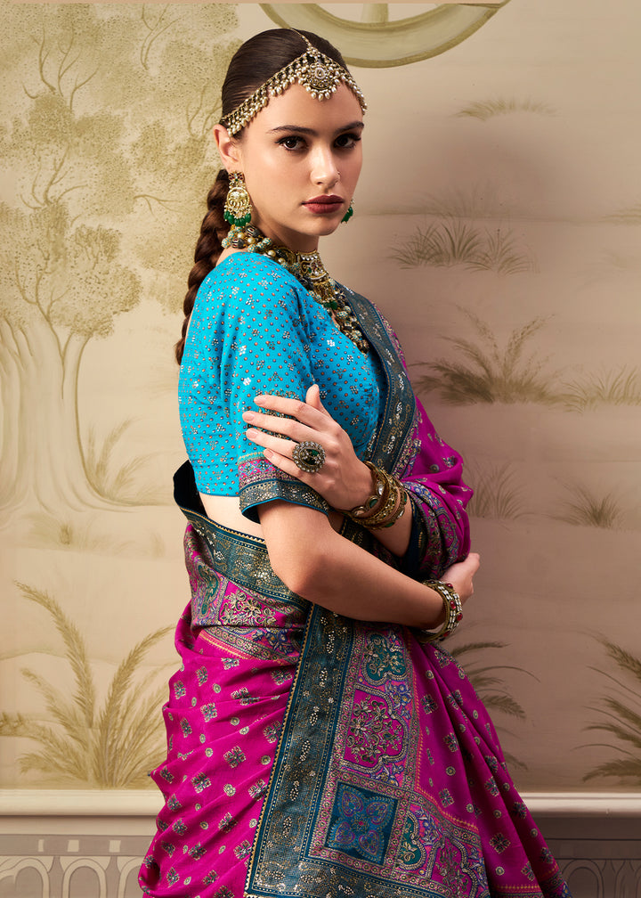 Blue & Pink Intricate Embroidered Lehenga Choli in Banarasi Silk – Bridal Wear
