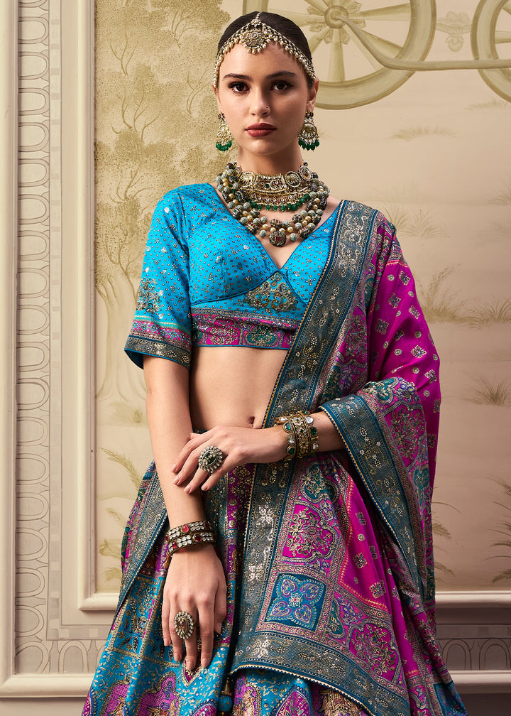 Blue & Pink Intricate Embroidered Lehenga Choli in Banarasi Silk – Bridal Wear