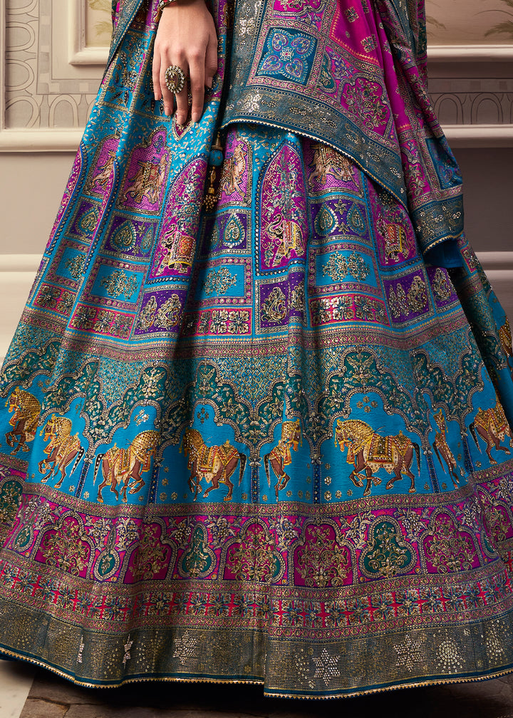 Blue & Pink Intricate Embroidered Lehenga Choli in Banarasi Silk – Bridal Wear