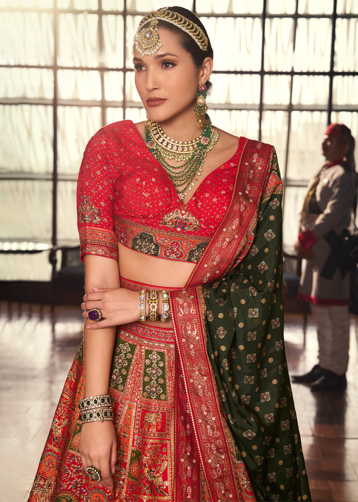 Shades Of Red Intricate Embroidered Lehenga Choli in Banarasi Silk – Bridal Wear