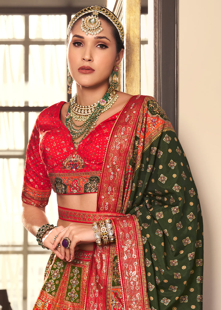 Shades Of Red Intricate Embroidered Lehenga Choli in Banarasi Silk – Bridal Wear