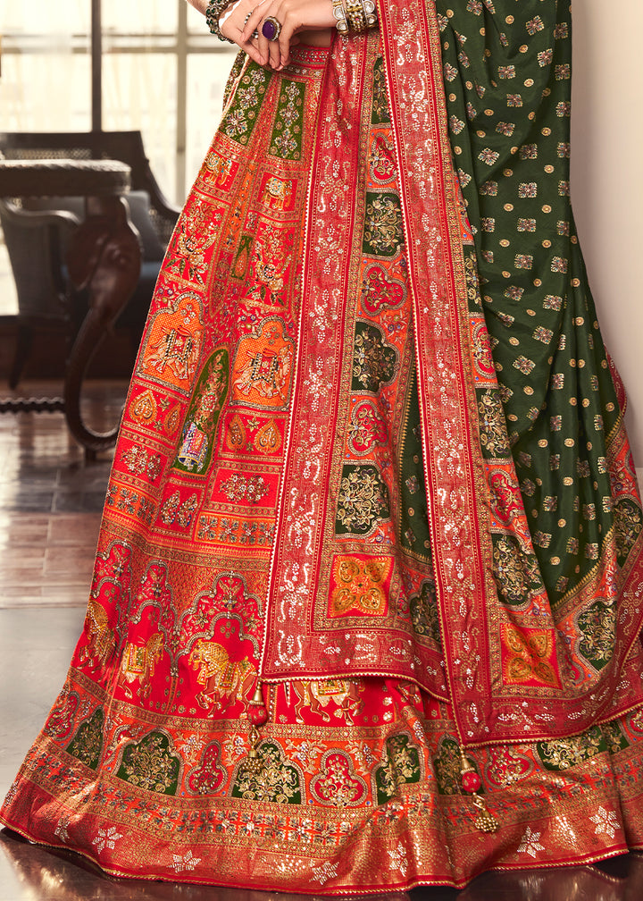Shades Of Red Intricate Embroidered Lehenga Choli in Banarasi Silk – Bridal Wear