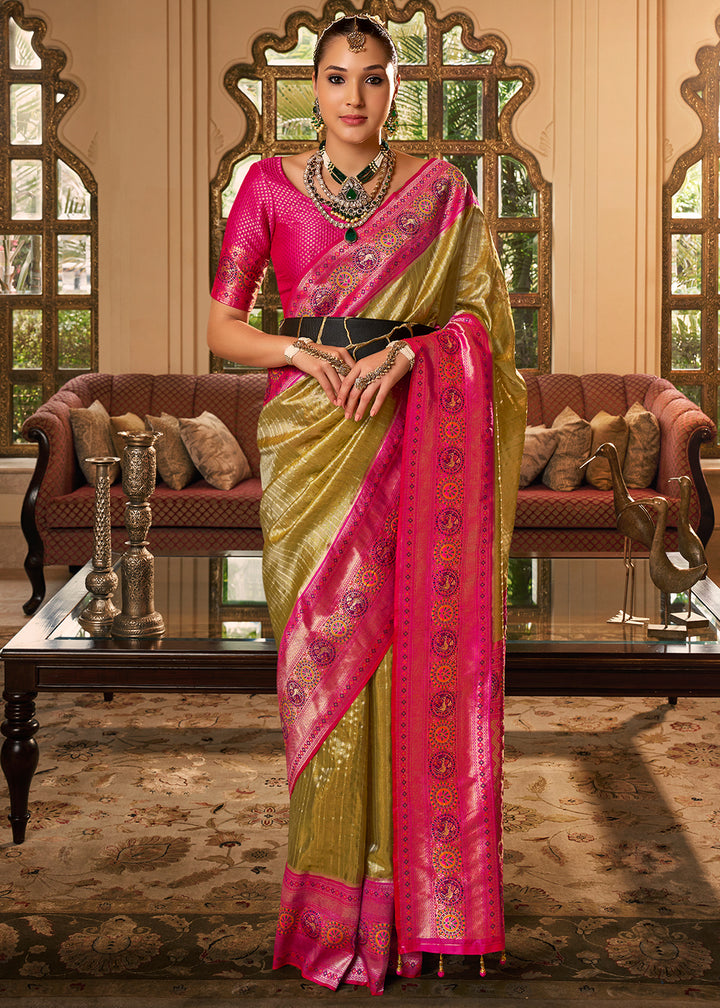 Elegant Dual Tone Green and Pink Kanjivaram Saree with Lustrous Zari Work