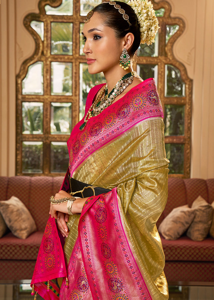 Elegant Dual Tone Green and Pink Kanjivaram Saree with Lustrous Zari Work