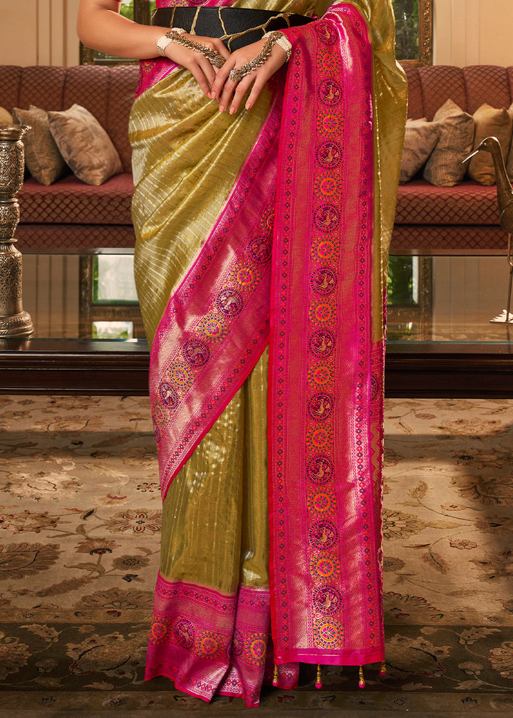 Elegant Dual Tone Green and Pink Kanjivaram Saree with Lustrous Zari Work