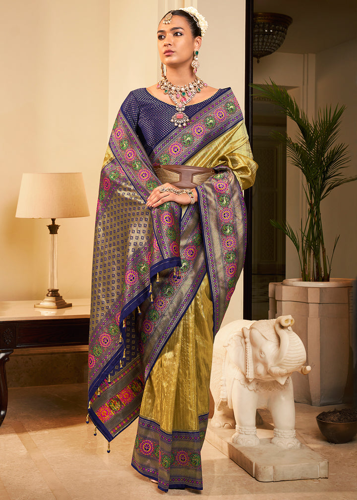 Elegant Dual Tone Green and Blue Kanjivaram Saree with Lustrous Zari Work