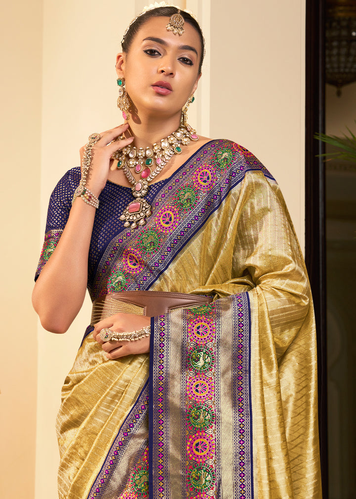 Elegant Dual Tone Green and Blue Kanjivaram Saree with Lustrous Zari Work