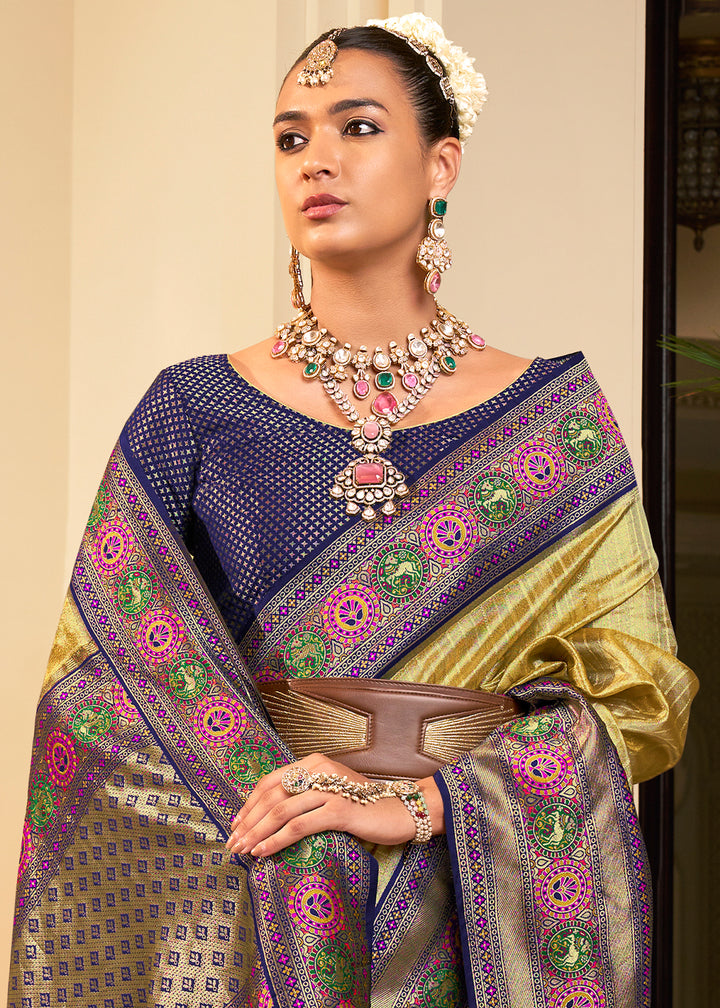 Elegant Dual Tone Green and Blue Kanjivaram Saree with Lustrous Zari Work