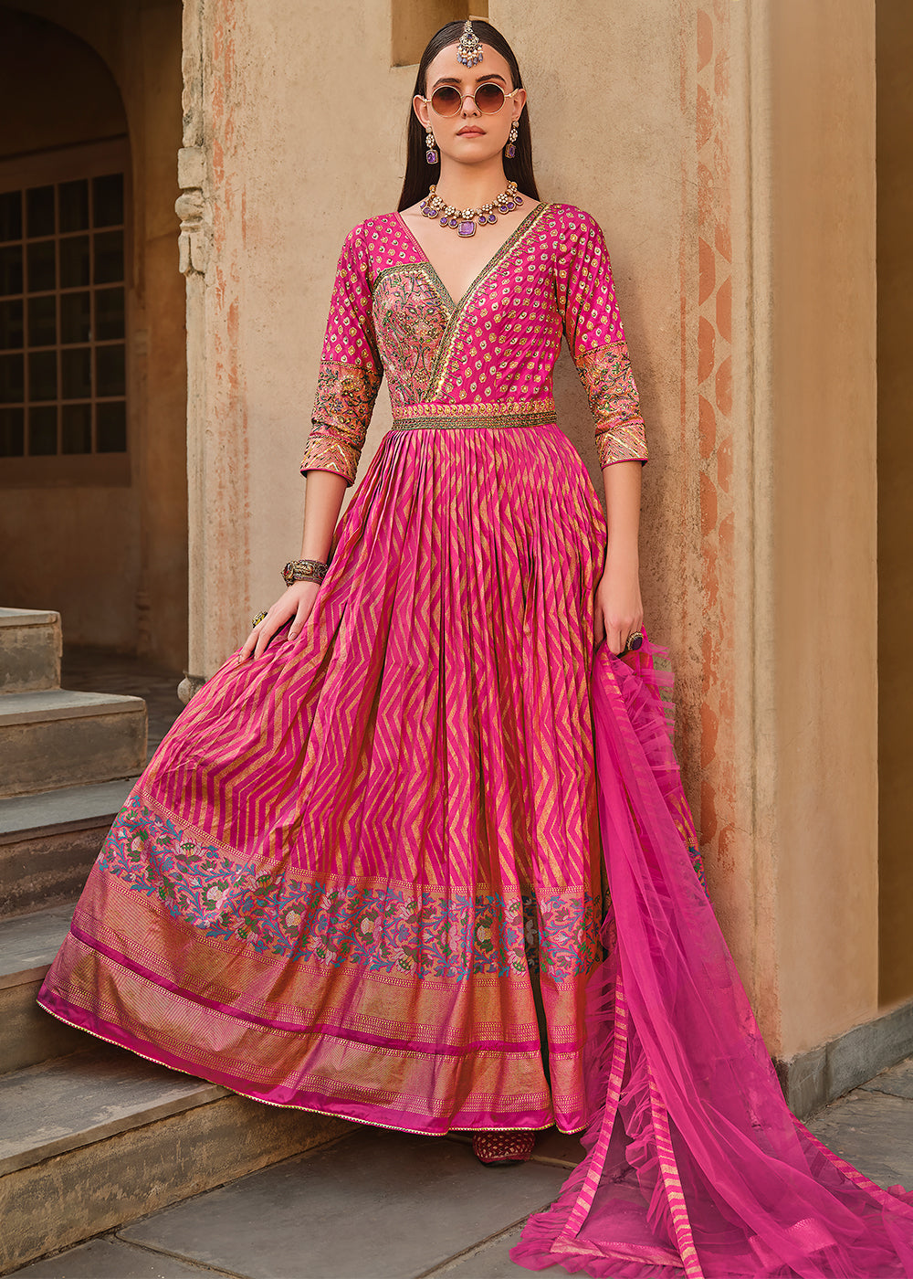 hot pink anarkali dress Hot Pink Silk Embroidered Wedding Party Anarkali Gown