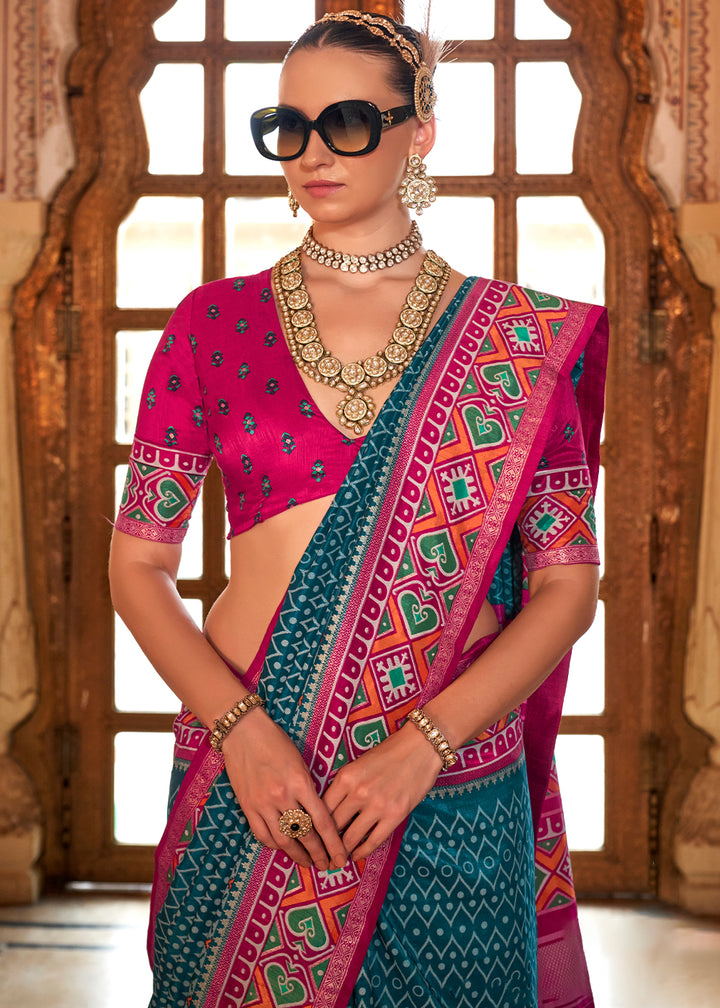 Prussian Blue Patola Printed Traditional Silk Saree