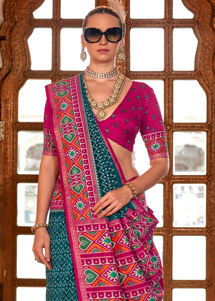 Prussian Blue Patola Printed Traditional Silk Saree