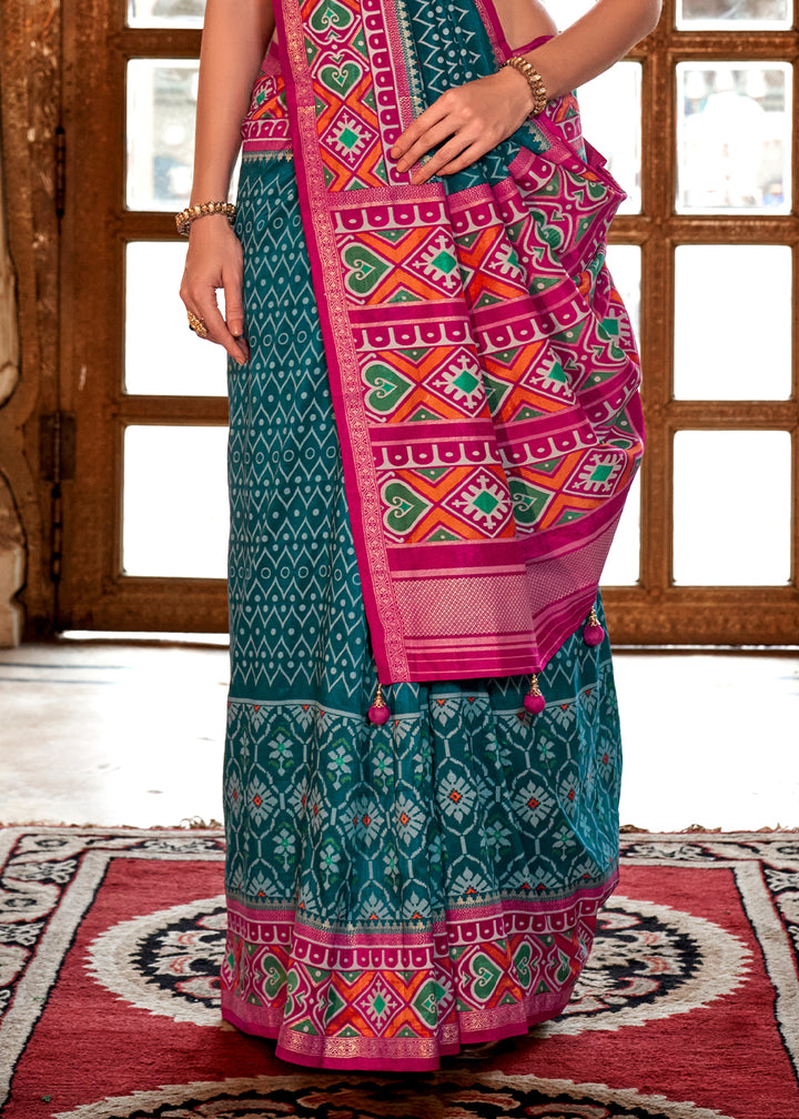 Prussian Blue Patola Printed Traditional Silk Saree