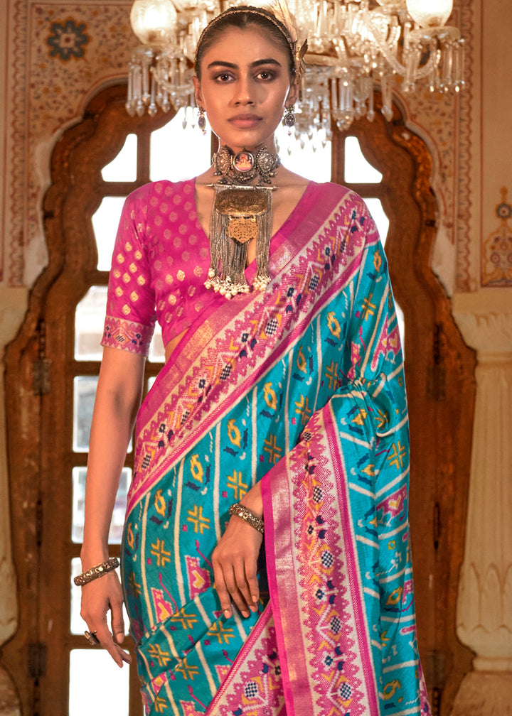 Aqua Blue Patola Printed Traditional Silk Saree