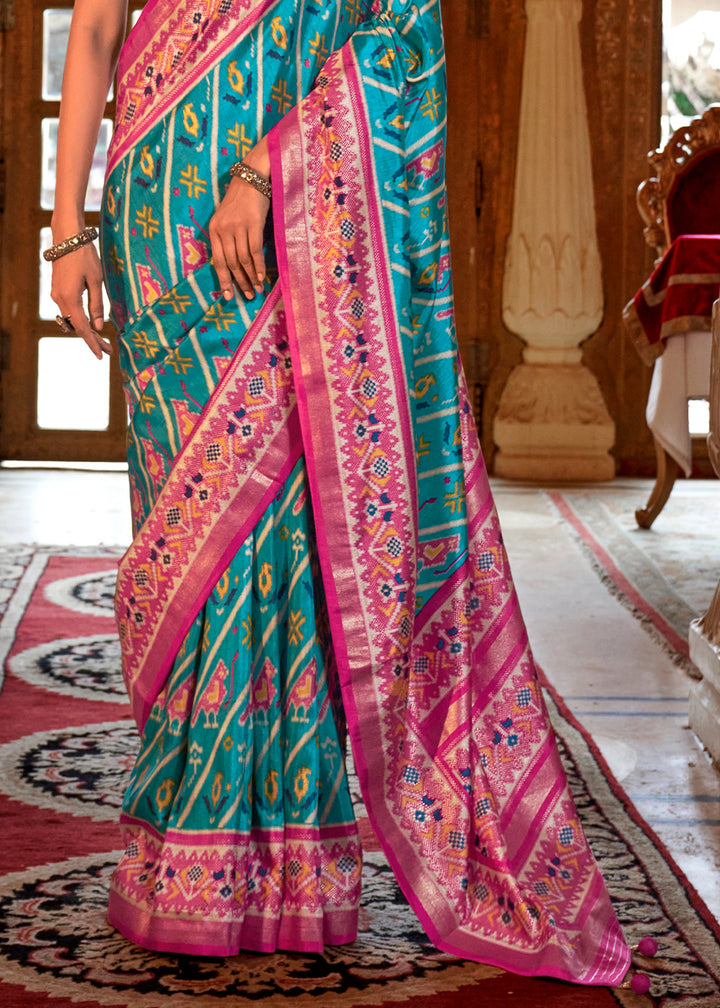 Aqua Blue Patola Printed Traditional Silk Saree