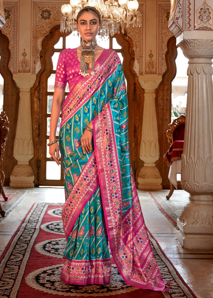 Aqua Blue Patola Printed Traditional Silk Saree