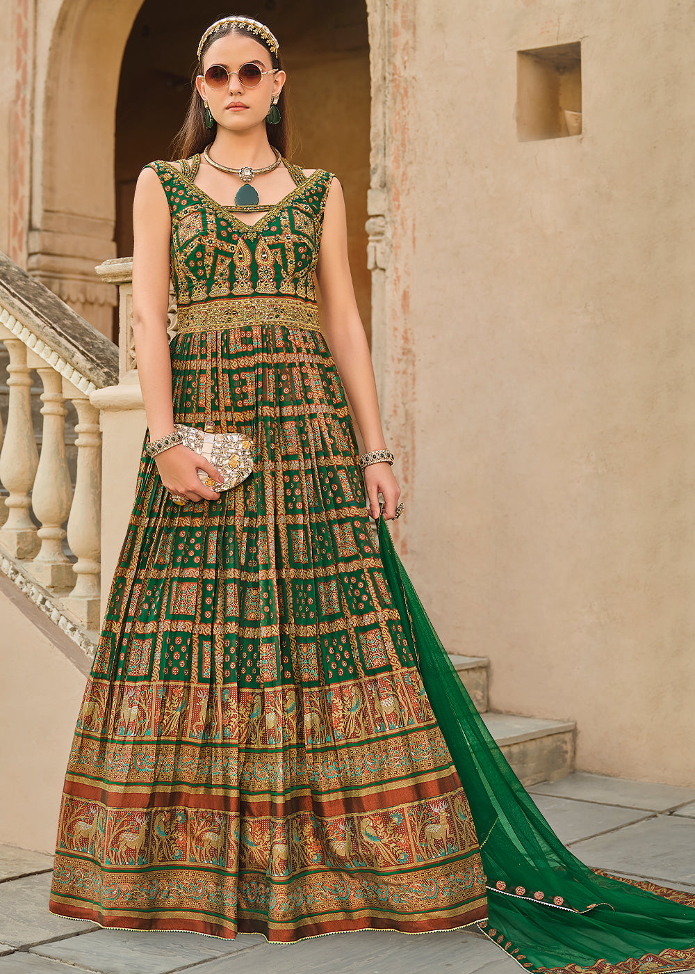 green emerald velvet dress Bottle Green Anarkali Gown with Luxurious Embroidery Work for Festive Occasions, M
