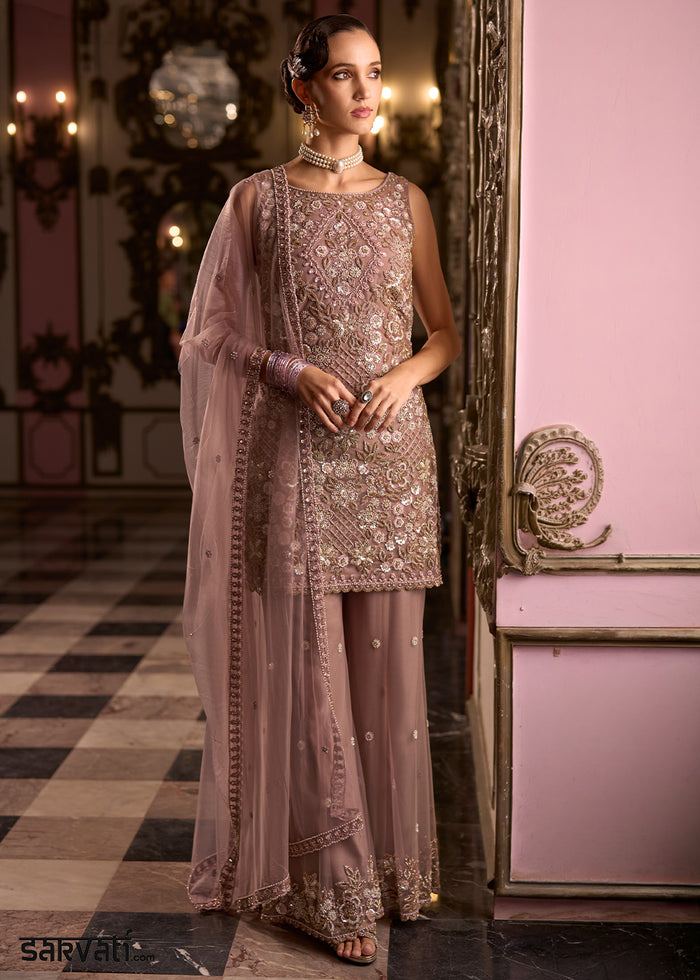Shades of Purple Net Palazzo Suit with Gleaming Cut Dana & Threadwork