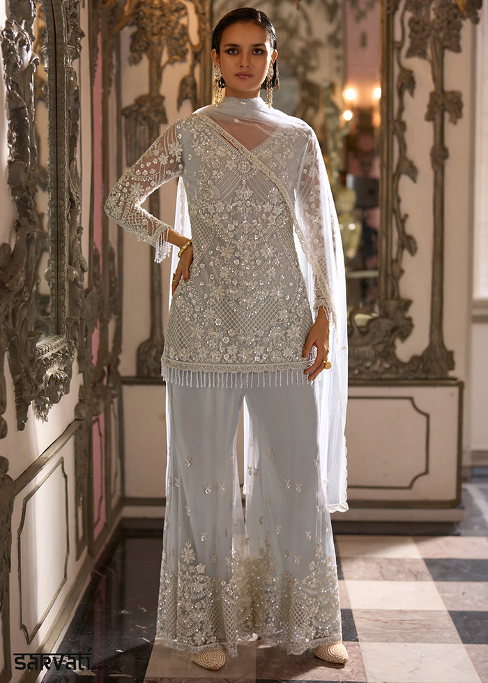 Ice Blue Net Palazzo Suit with Gleaming Cut Dana & Threadwork