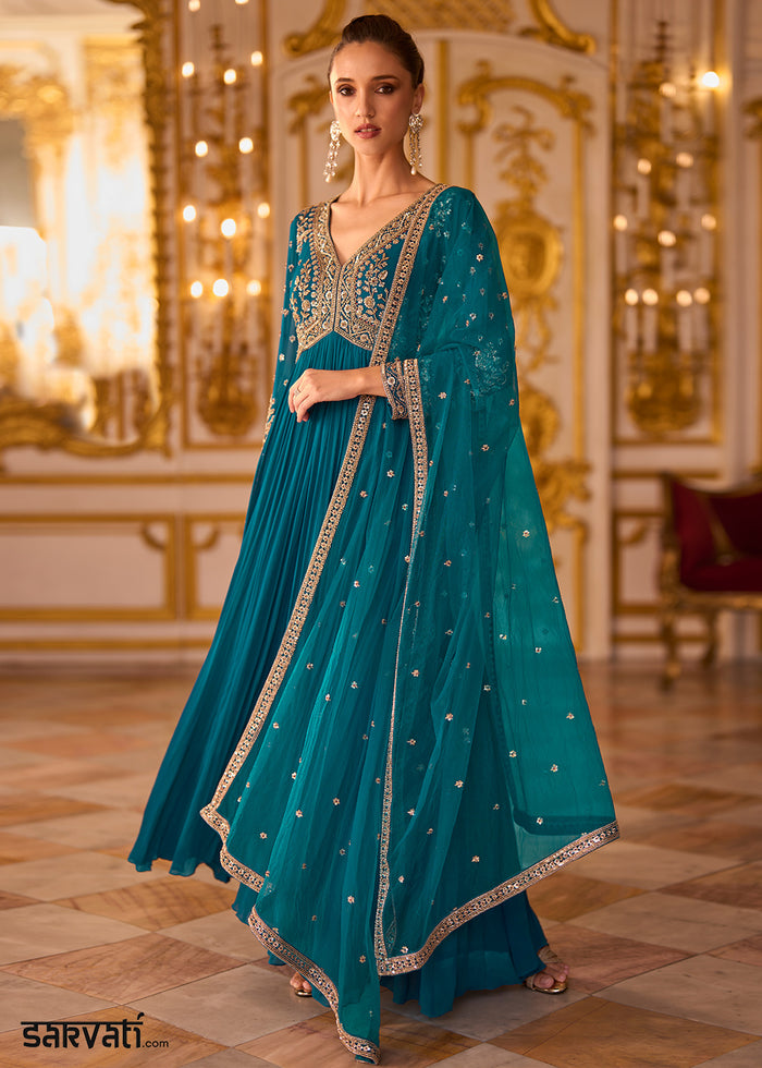 Teal Blue Georgette Anarkali Suit with Radiant Zari & Sequins