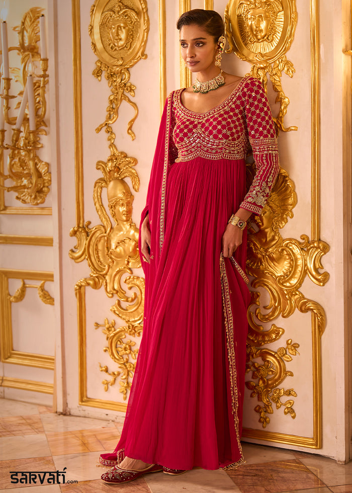 Majestic Pink & Red Georgette Anarkali Suit with Radiant Zari & Sequins