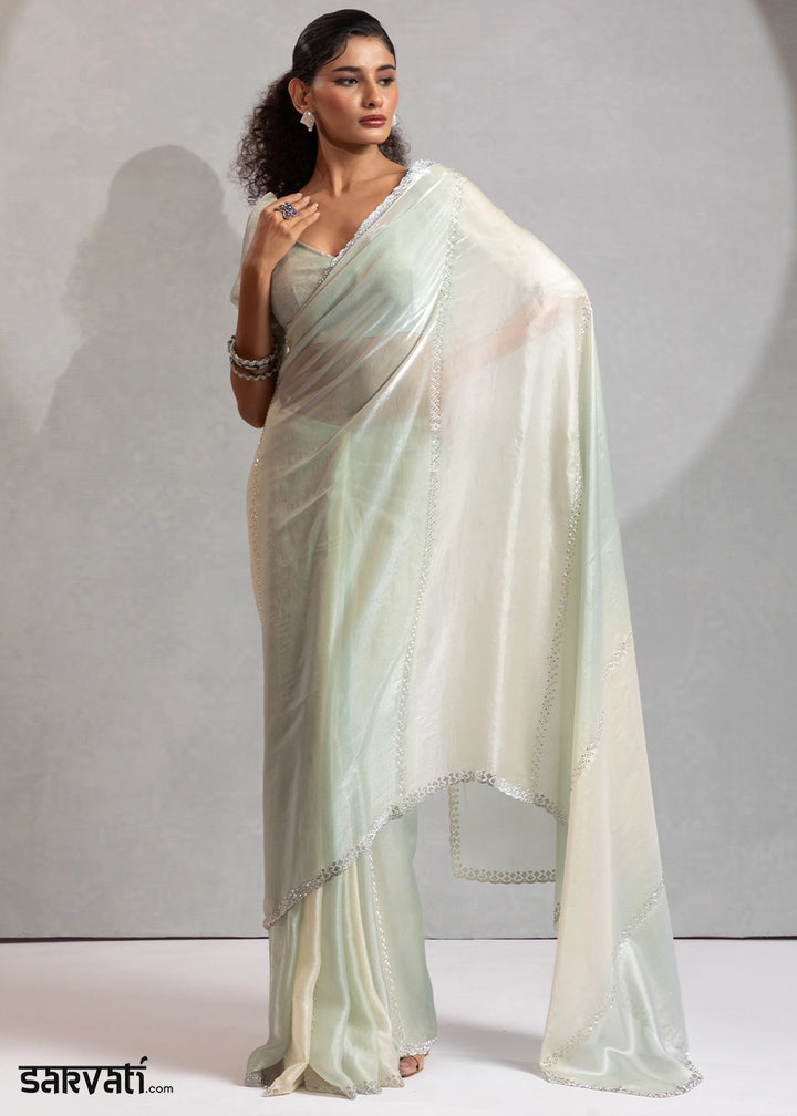 Two-Tone White Blue Satin Silk Saree with Glamorous Jarkan Bead Work