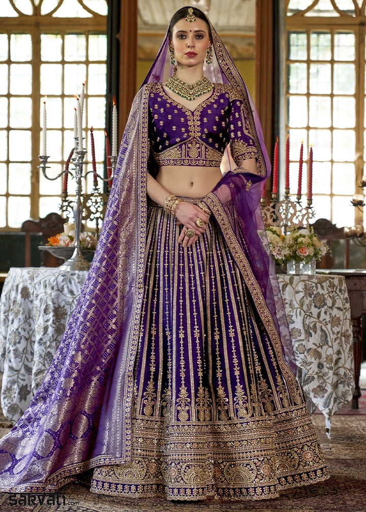 Indigo Purple Banarasi Silk Lehenga with Thread & Pearl Embroidery with Zari Weaving: Wedding Edit