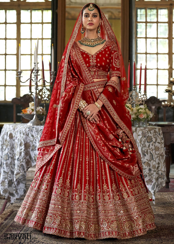 Crimson Red Banarasi Silk Lehenga with Thread & Pearl Embroidery with Zari Weaving: Wedding Edit