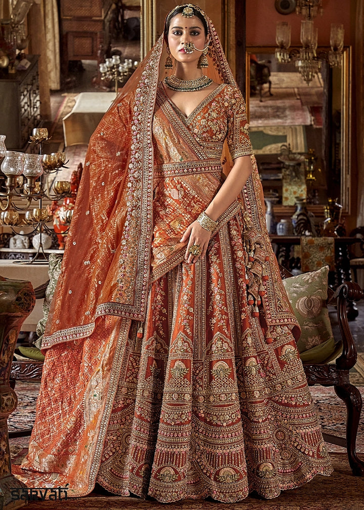 Tiger Orange Banarasi Silk Lehenga with Thread & Pearl Embroidery with Zari Weaving: Wedding Edit