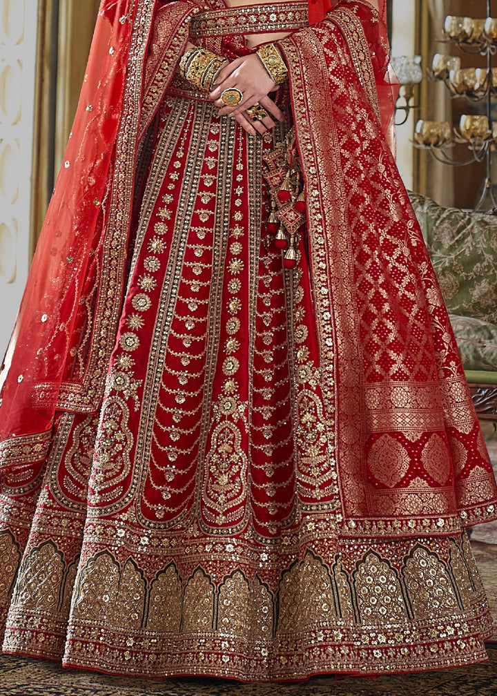 Ruby Red Banarasi Silk Lehenga with Thread & Pearl Embroidery with Zari Weaving: Wedding Edit