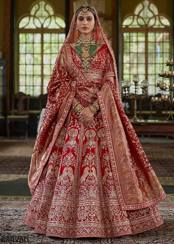 Classic Red Banarasi Silk Lehenga with Thread, Pearl & Sequin Embroidery : Wedding Edit