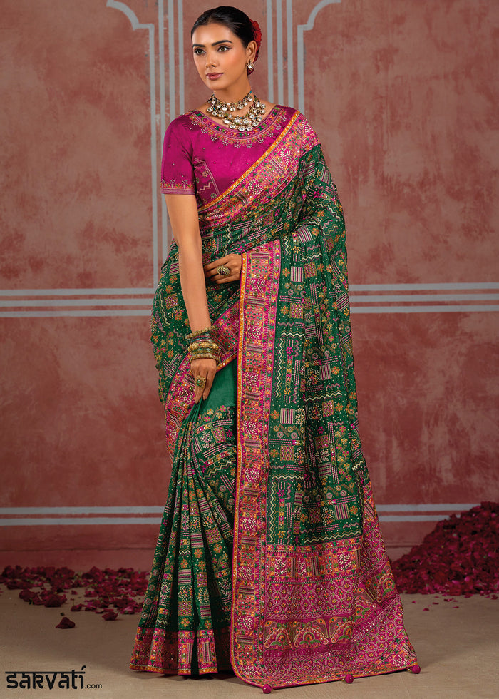 Dark Green Banarasi Silk Saree with Exquisite Kachhi Hand Embroidery