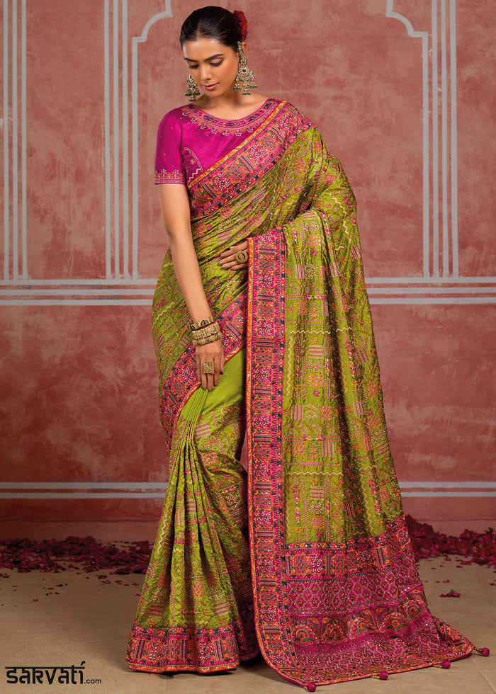 Sheen Green Banarasi Silk Saree with Exquisite Kachhi Hand Embroidery