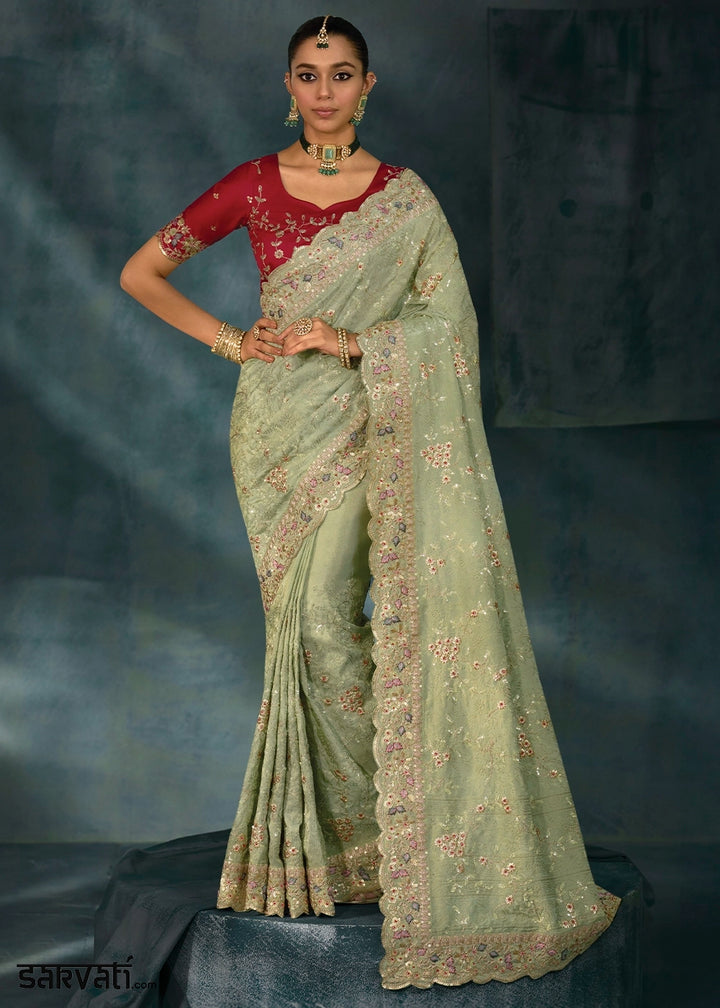 Pistachio Green Banarasi Silk Saree with Intricate Jarkan Work