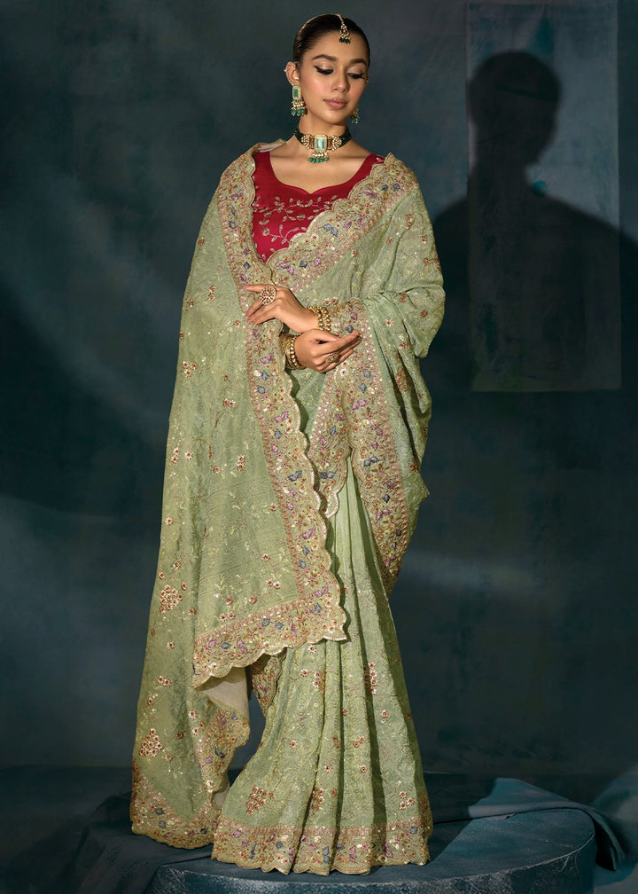 Pistachio Green Banarasi Silk Saree with Intricate Jarkan Work