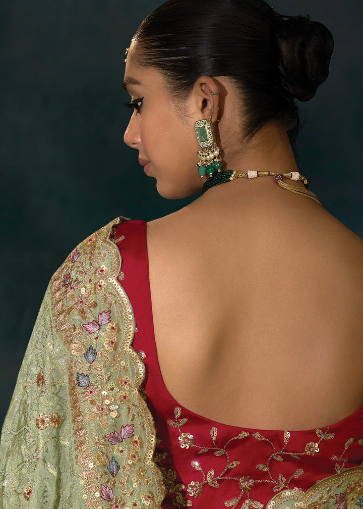 Pistachio Green Banarasi Silk Saree with Intricate Jarkan Work