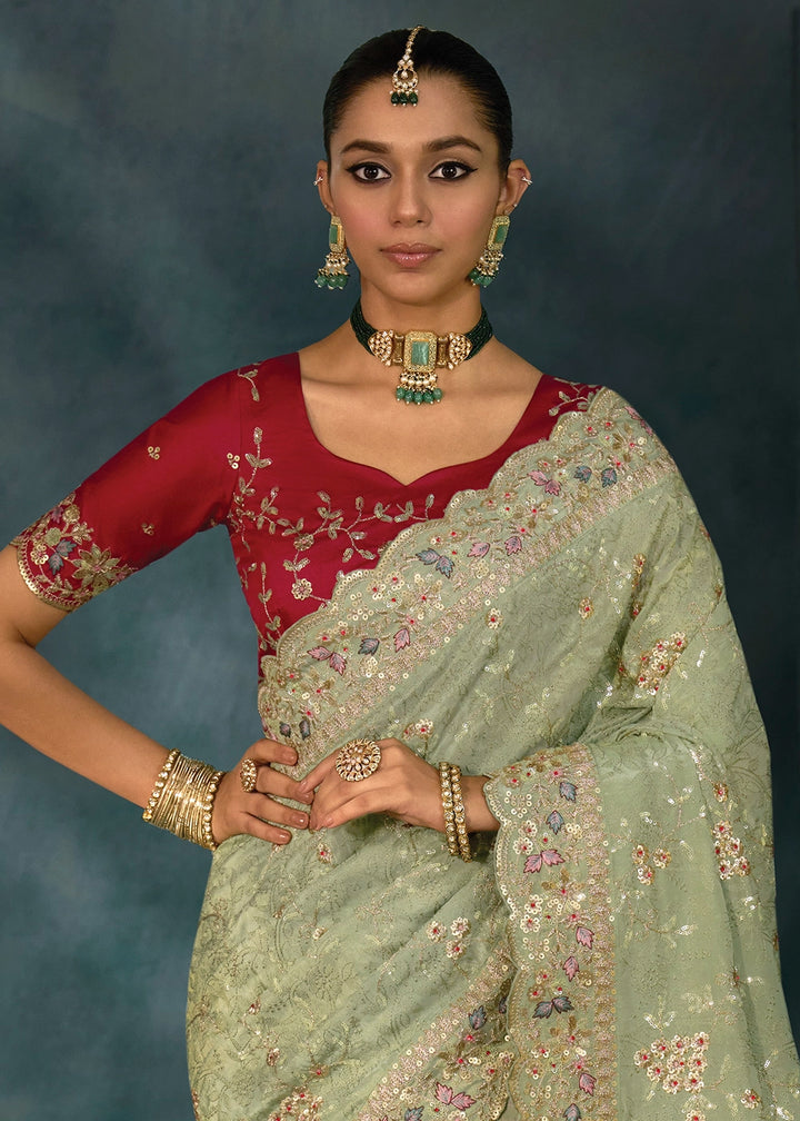 Pistachio Green Banarasi Silk Saree with Intricate Jarkan Work