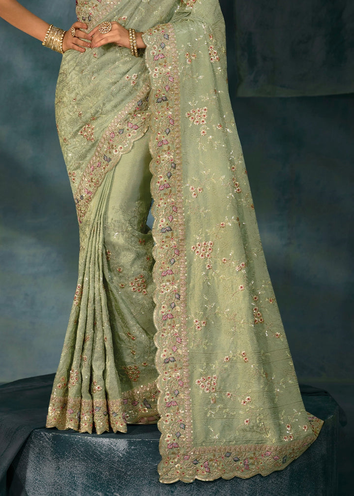 Pistachio Green Banarasi Silk Saree with Intricate Jarkan Work