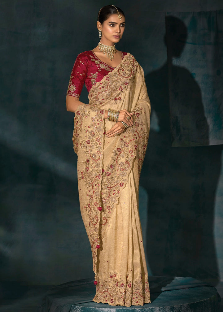 Tan Brown Banarasi Silk Saree with Jari, Thread, Cut Dana & Moti Work