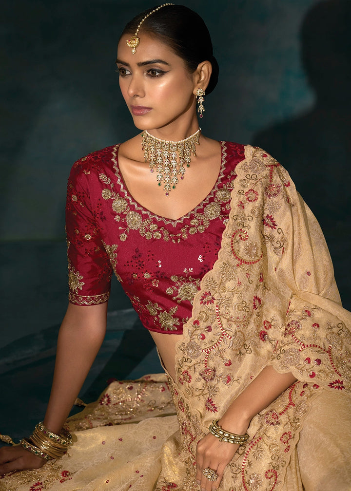 Tan Brown Banarasi Silk Saree with Jari, Thread, Cut Dana & Moti Work