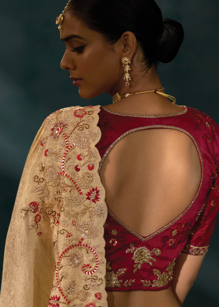 Tan Brown Banarasi Silk Saree with Jari, Thread, Cut Dana & Moti Work