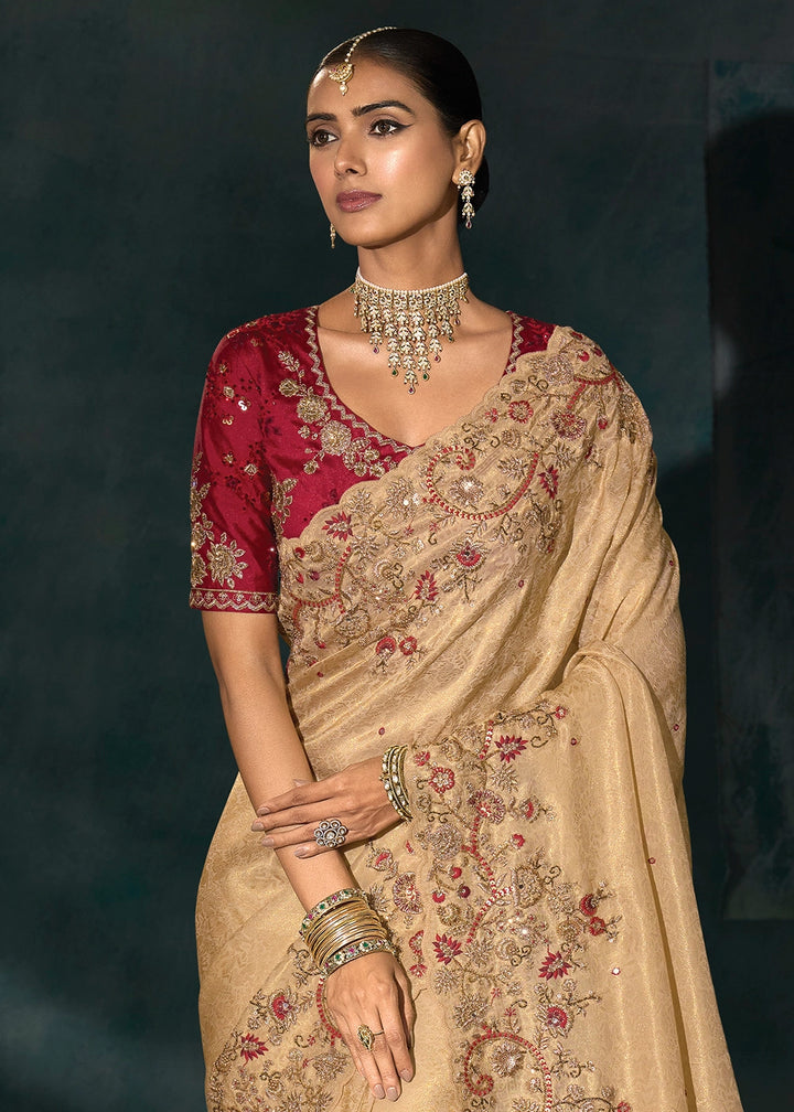 Tan Brown Banarasi Silk Saree with Jari, Thread, Cut Dana & Moti Work