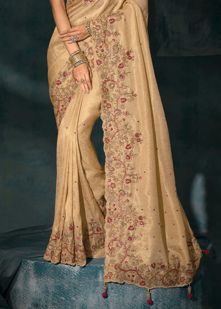 Tan Brown Banarasi Silk Saree with Jari, Thread, Cut Dana & Moti Work