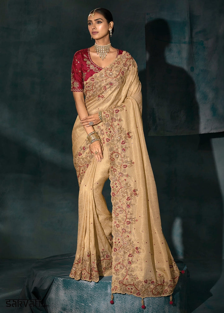 Tan Brown Banarasi Silk Saree with Jari, Thread, Cut Dana & Moti Work