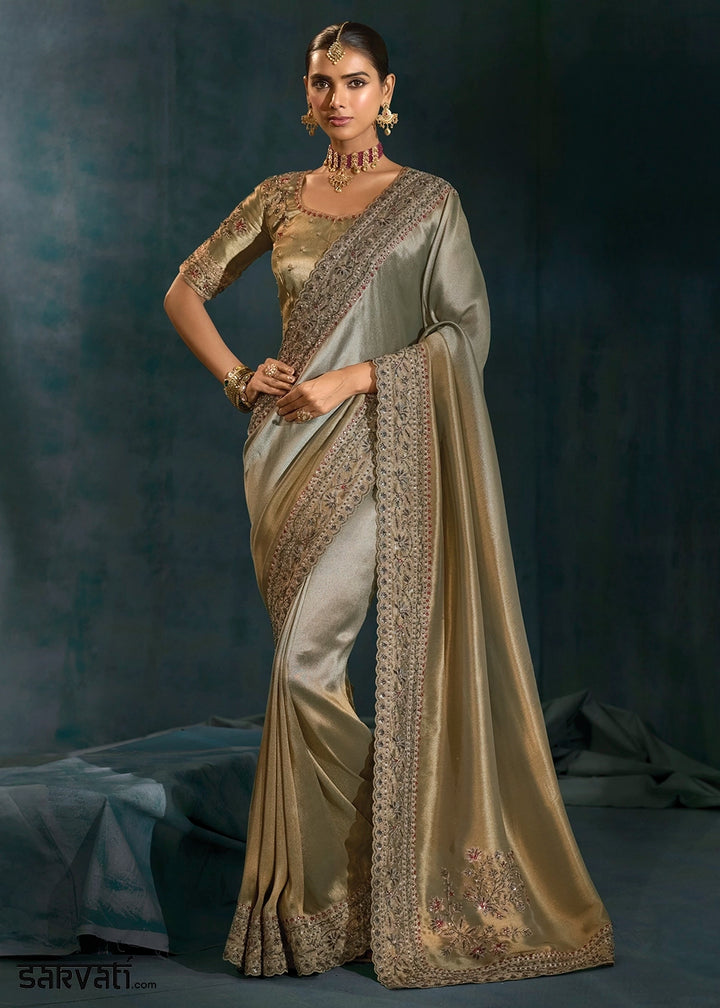 Stone Grey Banarasi Silk Saree with Zardosi, Thread, Cut Dana & Moti Work