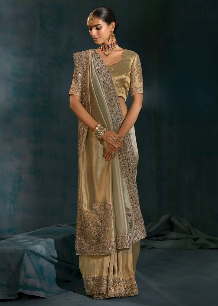 Stone Grey Banarasi Silk Saree with Zardosi, Thread, Cut Dana & Moti Work