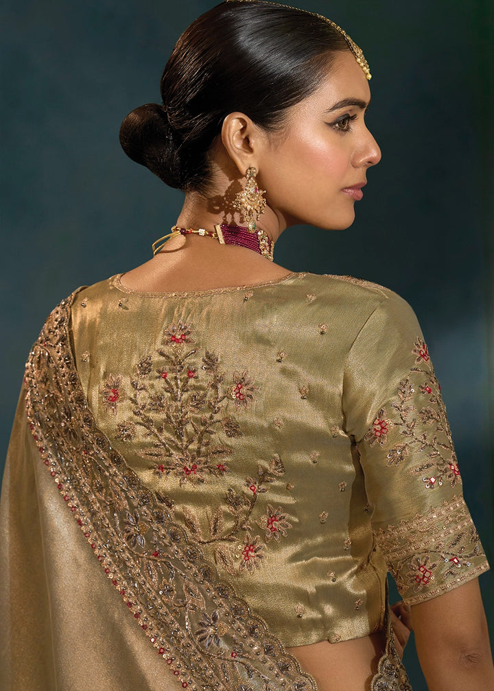 Stone Grey Banarasi Silk Saree with Zardosi, Thread, Cut Dana & Moti Work