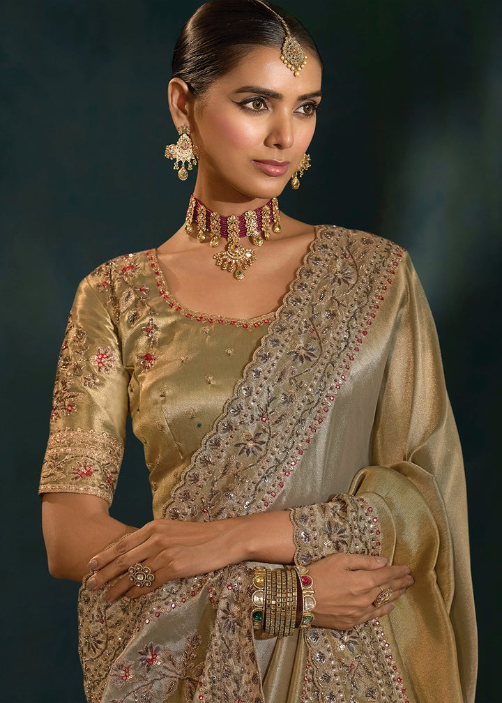 Stone Grey Banarasi Silk Saree with Zardosi, Thread, Cut Dana & Moti Work