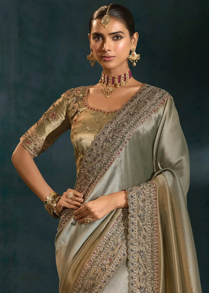 Stone Grey Banarasi Silk Saree with Zardosi, Thread, Cut Dana & Moti Work